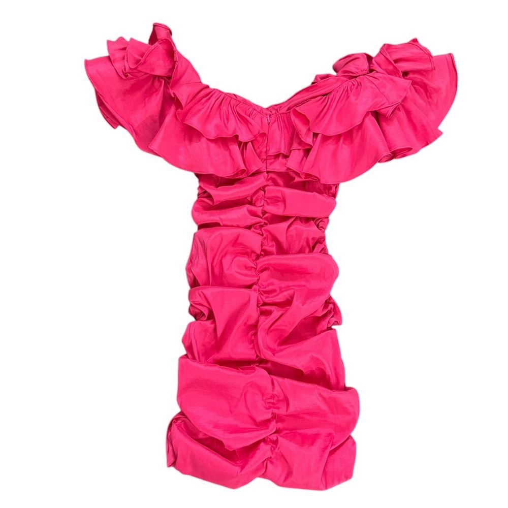 NWT Lovers + Friends Nikolina Ruffles Off-Shoulder Ruched Dress in Magenta Sz S - Picture 7 of 15